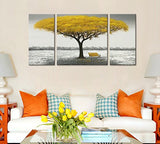 Winpeak Hand Painted Yellow Tree Modern Oil Painting Landscape Canvas Wall Art Abstract Picture Home Decoration Contemporary Artwork Framed Ready to Hang (48" W x 24" H (12"x24" x2pcs, 24"x24" x1pc))