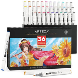Arteza Alcohol Art Markers, Set of 36 Colors, Manga Tones , Medium Chisel & Fine Tip, Art Supplies for Drawing & Sketching
