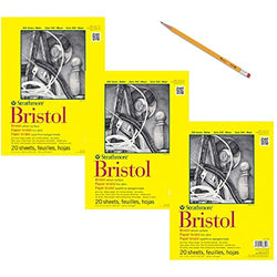 Strathmore 342-109 300 Series Bristol Vellum Pad, 9"x12" Tape Bound, 20 Sheets (3 Pack) Bundle with Pencil, HB