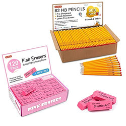 Shuttle Art Pencils and Erasers Bundle, Set of 600 Pack Sharpened Yellow Pencils + 120 Pack Pink Erasers Bulk