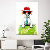 Bignut Wall Art 100% Hand Painted Red Hat Dog Modern Vertical Picture for Room Wall Decor Funny Animal Artwork Cool Home Canvas Oil Painting Ready to Hang 24x36in