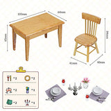 5 Pieces 1/12 Dollhouse Mini Dining Table Chair Miniature Wooden Furniture Set with 14 Pieces Dollhouse Miniature Tableware, Wine Goblet Cups, Scale Mini Plates Knives Forks Spoons Porcelain Plate