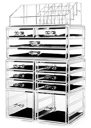 HBlife Makeup Organizer Acrylic Cosmetic Storage Drawers and Jewelry Display Box with 12 Drawers, 9.5" x 5.4" x 15.8", 4 Piece, Clear
