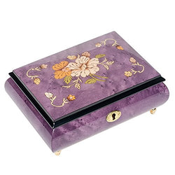 Ornate Floral Design Purple Italian Hand Crafted Inlaid Wood Jewelry Music Box Plays Minuet No. 1