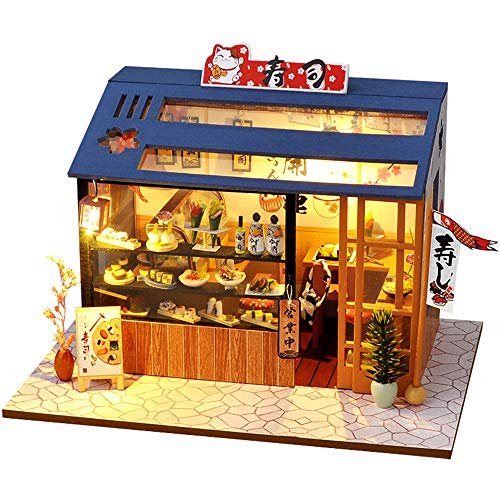 Dollhouse Miniature with Furniture, DIY Wooden Doll House Kit Iron Window Shop Style Plus with LED Lights. . 1:24 Scale Creative Room Idea Best Gift for Children Friend Lover TD35 (Sushi Sauce )