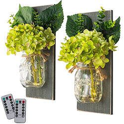 Mason Jar Wall Sconce with String LED Lights (Set of 2) - Farmhouse Chic Wall Decor- Rustic Style - Two Remote Controls - Gift Idea - Green Hydrangea Flowers