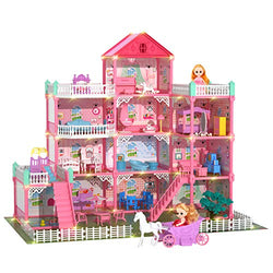 Lucky Doug Dollhouse Dreamhouse with 2 Dolls and Furniture Accessories, 2.6ft X 2.4ft Large Hard Cardboard & Plastic Doll House Pretend Play Building Toys for Girls Toddlers Boys