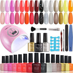 Lavender Violets 15 Colors Gel Nail Polish Starter Kit with UV Light 48W LED Nail Lamp, Gel Base Top Coat Pink Red 8ml Gel Nail Kit with Nail File Cuticle Trimmer Tools Manicure Gift F904