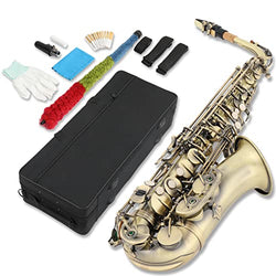 Ktaxon Alto Saxophone Drop E Brass Sax Full Kit for Student Beginners, Mouthpiece, Carrying Case, Gloves, Cleaning Cloth Bar, Detachable Strap, Shoulder Strap, Reed (Antique Bronze)