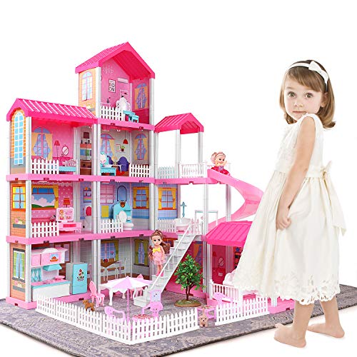 Sale Promotion]Wooden Dollhouse Toys for Kids, Girls Building Toys Figure,  Pretend Play Doll House, Toddlers Playhouse Accessories and Furniture, Gift  for Ages 3+, Pink 