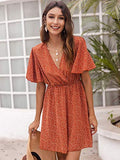 Romwe Women's Short Sleeve V Neck All Over Print High Waist A Line Summer Short Dress Burnt Orange XL