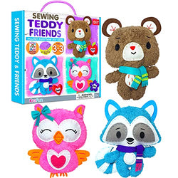 KRAFUN Sewing Kit for Kids Age 7 8 9 10 11 12 Beginner My First Art & Craft, Includes 3 Stuffed Animal Dolls, Instruction & Plush Felt Materials for Learn to Sew, Embroidery Skills - Teddy & Friends