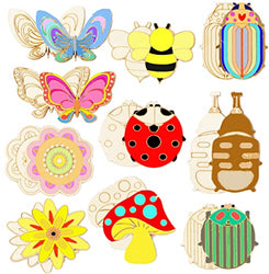 Unfinished Wooden Cutouts 20 Pieces, Wood Slices Animals Butterfly Bee Mushroom Flower Art Paint Blank Crafts 10 Styles DIY Spring Ornaments for Home Decorations Party Supplies