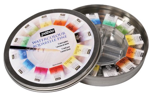 Pebeo 300075 Fine Watercolours Round Metal, Box of 12 Half Pans, 1 Brush and 1 Palette
