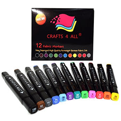 Fabric Markers Pens Permanent 12 Pack Dual Tip Minimal Bleed Rich Paint Color Pigment Fine Graffiti Fabric Pens by Crafts 4 ALL, Child Safe & Non Toxic