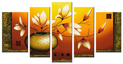 Wieco Art Floral Oil Paintings on Canvas Wall Art Ready to Hang for Living Room Bedroom Home Decorations Large Golden Bottle Elegant Flowers Modern 5 Panels 100% Hand Painted Gallery Wrapped Artwork