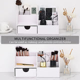 KINGFOM Pu Leather Desk Organizer Pen Pencil Holder Office Supplies Caddy Storage Box 6 Compartments with Drawer White (Full Pu Leather)