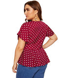 Romwe Womens Plus Size Polka Dots Knot Front Deep V Neck Short Sleeve Blouse Tops Red 2X Plus