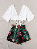 SweatyRocks Women's 2 Piece Boho Butterfly Sleeve Knot Front Crop Top with Shorts Set Black White XS