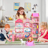 Lucky Doug Dollhouse Dreamhouse with 2 Dolls and Furniture Accessories, 2.6ft X 2.4ft Large Hard Cardboard & Plastic Doll House Pretend Play Building Toys for Girls Toddlers Boys