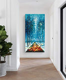 Alenoss Hand Painted 3D Abstract Oil Paintings 24X48 inch Modern Landscape Vertical Blue Canvas Wall Art Romantic Couples Walk Forest Framed Artwork Wall Paintings For Living room Bedroom Decor