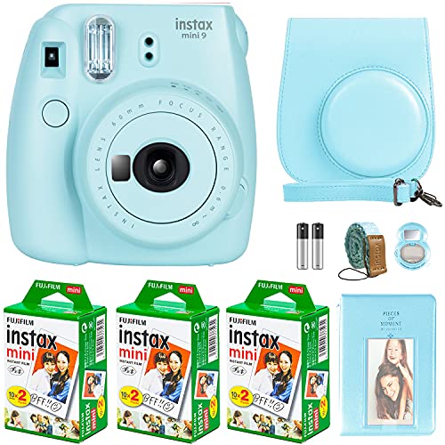 FujiFilm Instax Mini 9 Instant Camera + Fujifilm Instax Mini Film (60 Sheets) Bundle with Deals Number One Accessories Including Carrying Case, Selfie Lens, Photo Album (Ice Blue)