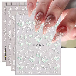 JMEOWIO 3D Embossed Spring Flower Nail Art Stickers Decals Self-Adhesive Pegatinas Uñas 5D Colorful Summer Floral Nail Supplies Nail Art Design Decoration Accessories 4 Sheets