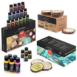 Arteza Acrylic Pouring Paints, Wood Slices and Mica Powder Bundle, Painting Art Supplies for Artist, Hobby Painters & Beginners