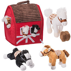 Prextex Plush Farm House with Soft and Cuddly 5" Plush Horses, Farm Boy, and Farm House Barn House Carry Along Case