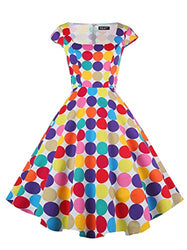 PUKAVT Women's Cocktail Party Dress Cap Sleeve 1950 Retro Swing Dress with Pockets Colorful Dot XL