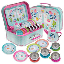 Jewelkeeper 15 Piece Kids Pretend Toy Tin Tea Set & Carry Case - Llama Design
