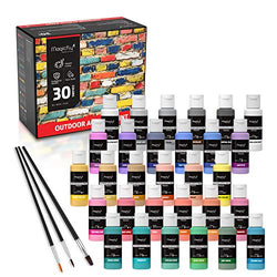 Magicfly Outdoor Acrylic Paint, 30 Colors (60ml, 2oz.) Patio Paints with 3 Paint Brushes, Rich Pigments with White, Gold, Shocking Pink, Multi-Surface Paints for Rock, Crafts, Fabric, Leather, Paper
