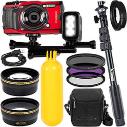 Olympus Tough TG-6 Digital Camera (Red) with Rechargeable Underwater LED Light and Bracket, Carrying Case, Floating “Bobber” Style Handle, 48” Monopod, Filter Adapter Ring, 3PC Filter Set & More