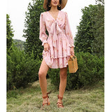 EXLURA Women Tie Front Elastic Waist Tiered Ruffle Layer Floral Balloon Long Sleeve V-Neck A-Line Mini Dress Pink