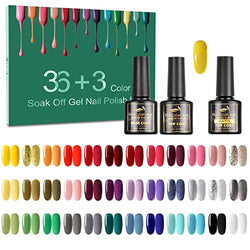 39 Pcs Gel Nail Polish Set, Nail Polish 36 Colors, Popular Nail Art Colors UV LED Soak Off Nail Gel Kit with Glossy & Matte Top Base Coat