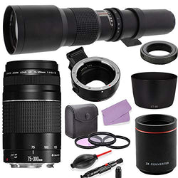 Canon EF 75-300mm f/4-5.6 III Lens + 500mm (w/ 2X 1000mm) f/8.0 Preset MF Lens + M-Mount EF/EF-S Auto Adapter Bundle with HD Filters, PZ ET-60 Hood for Canon M Cameras Including EOS M5, M6, M50, M100
