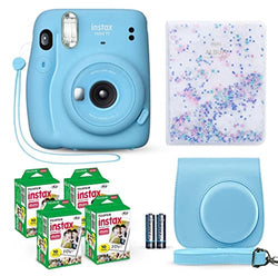 Fujifilm Instax Mini 11 Instant Camera Sky Blue + Fuji Film Value Pack (40 Sheets) + Shutter Accessories Bundle, Including Compatible Carrying Case, Quicksand Beads Photo Album 64 Pockets