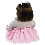 Adora ToddlerTime "Sweet Cheeks" Doll in pink dress, fancy tan cardigan, white socks and shoes