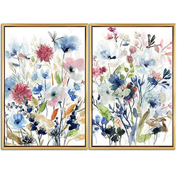 Gardenia Art Watercolor Wild Flower Wall Art Painting Colorful Giclee Printed Artwork Framed Pictures Prints Stretched Linen Canvases for Bedroom Living Room Office Decorations 16x24x2Panels Set