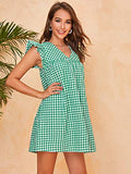 Romwe Women's V Neck Ruffle Smock Summer Boho Dress Top Green and White XL