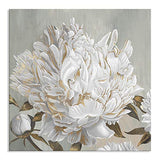 Goldfoilart Floral Wall Art Modern Abstract White Blooming Flower Picture with Gold Foil Artwork for Home Kitchen Living Room Bedroom Décor 24" x 24"