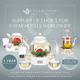 Teabloom Buckingham Palace Teapot & Flowering Tea Gift Set (6 Pieces) - Stovetop Safe Glass Teapot (40 OZ / 1.2 L / 4-5 CUPS), Porcelain Lid, Tea Warmer, Loose Tea Infuser, 2 Gourmet Rose Tea Flowers