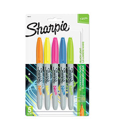Sharpie 1860443 Neon Permanent Markers, Fine Point, Assorted Colors, 5 Count