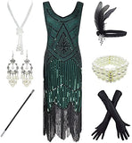 1920s Gatsby Sequin Fringed Paisley Flapper Dress with 20s Accessories Set (L, Green)