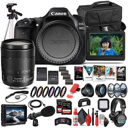 Canon EOS 80D DSLR Camera with 18-135mm Lens (1263C006) + 4K Monitor + Pro Headphones + Pro Mic + 2 x 64GB Memory Card + Case + Corel Photo Software + Pro Tripod + 3 x LPE6 Battery + More (Renewed)