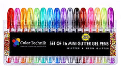 Glitter Gel Pens by Color Technik, Set of 16 Mini Glitter and Neon Glitter Pens, Best Assorted Colors, No Duplicates, 40% More Ink, Handy Travel Pack, Enhance Your Coloring Experience Now