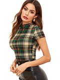 Romwe Women's Casual Mock Neck Plaid Slim Fit Workwear Blouse Top Green X-Small