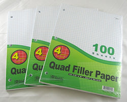 3 Pk, Bazic 4-1" Quad Ruled Filler Paper 100 Ct. Per Set