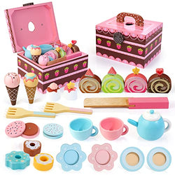 Lawcephun Wooden Tea Set for Kids, 30pcs Princess Tea Party Set for Pretend Play, Montessori Toys for Toddlers Age 2-6, Birthday Gifts for Girls & Boys