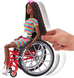 Barbie Fashionistas Doll #166, with Wheelchair & Crimped Brunette Hair Wearing Rainbow-Striped Dress, White Sneakers, Sunglasses & Fanny Pack, Toy for Kids 3 to 8 Years Old